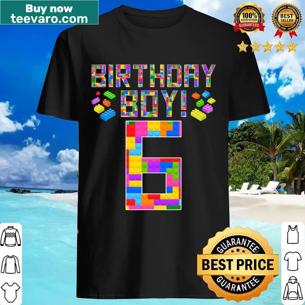 Shirt celebrating a 6th birthday with block building design
