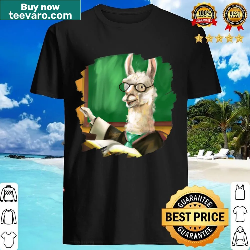 Cartoon llama dressed as a teacher on a shirt