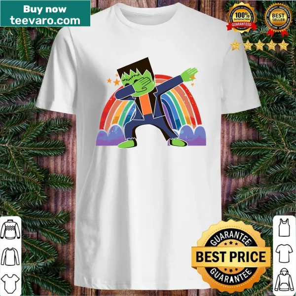 Cartoon zombie dabbing with a rainbow background on kids' shirt