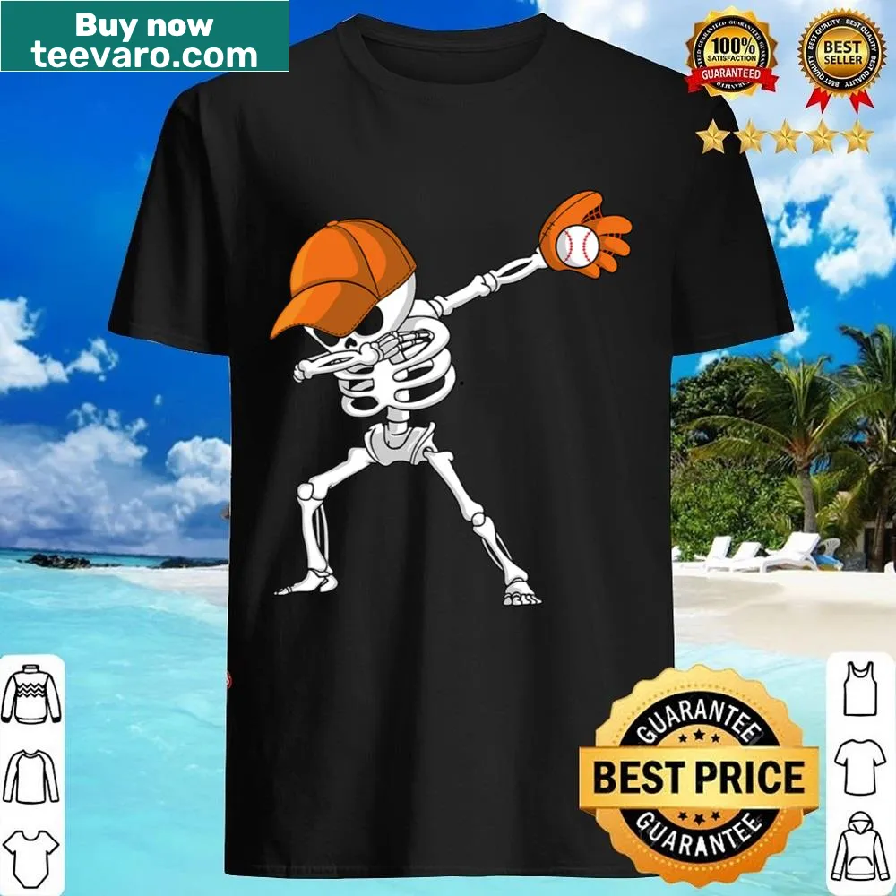 Dabbing skeleton baseball player graphic on a Halloween kids' shirt