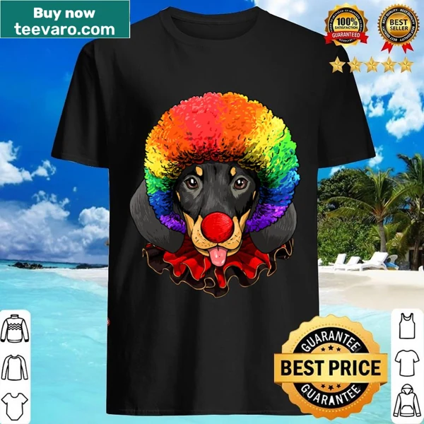 Cartoon shirt featuring a Dachshund as a clown in a circus setting