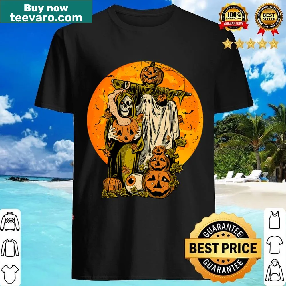 Festive Halloween shirt with autumn leaves, ghosts, pumpkins, and scarecrows.