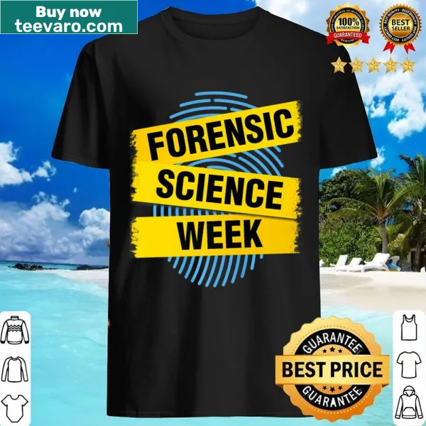 Taped-off design shirt celebrating forensic science with a playful graphic.