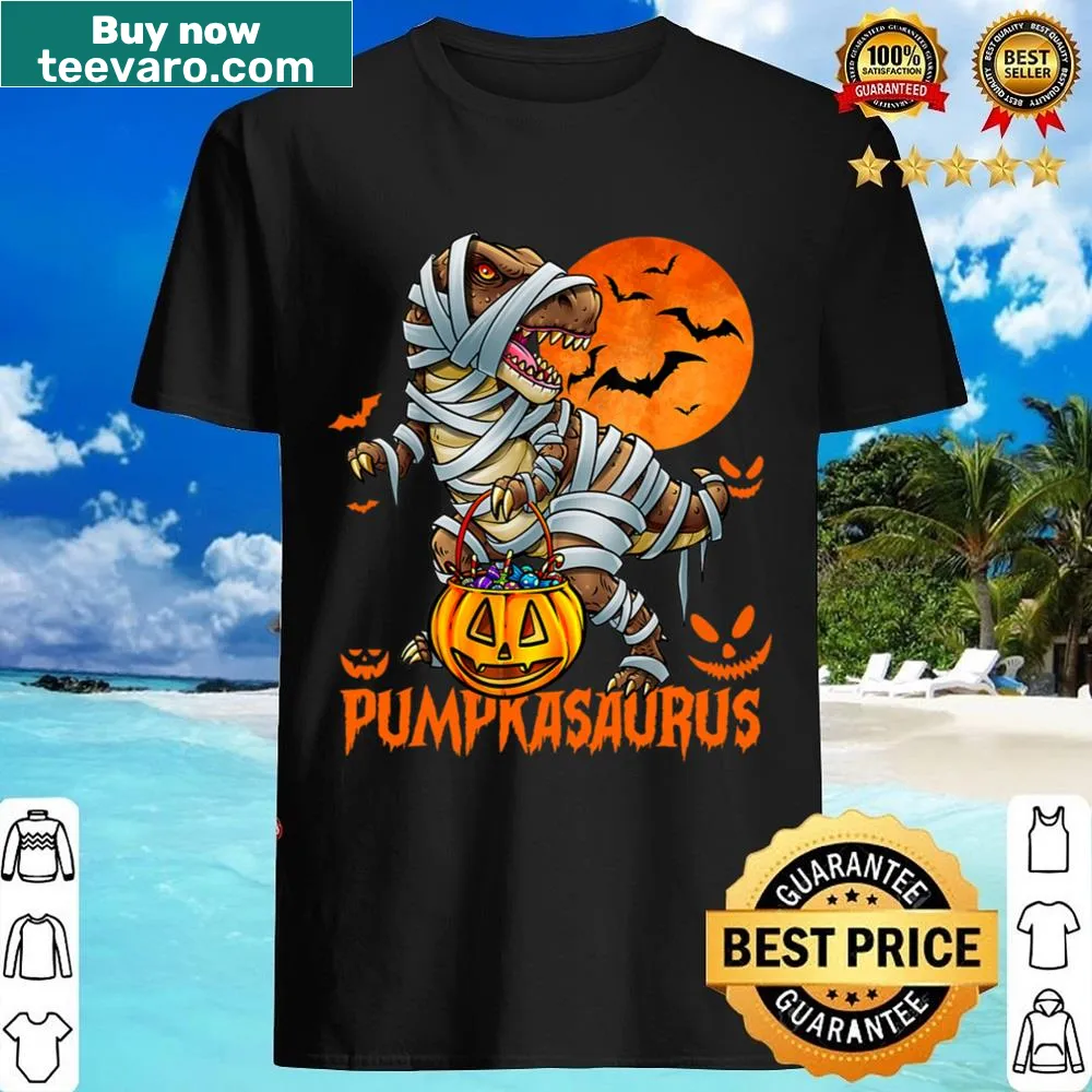 Funny Halloween shirt for kids featuring a T-Rex mummy with a pumpkin