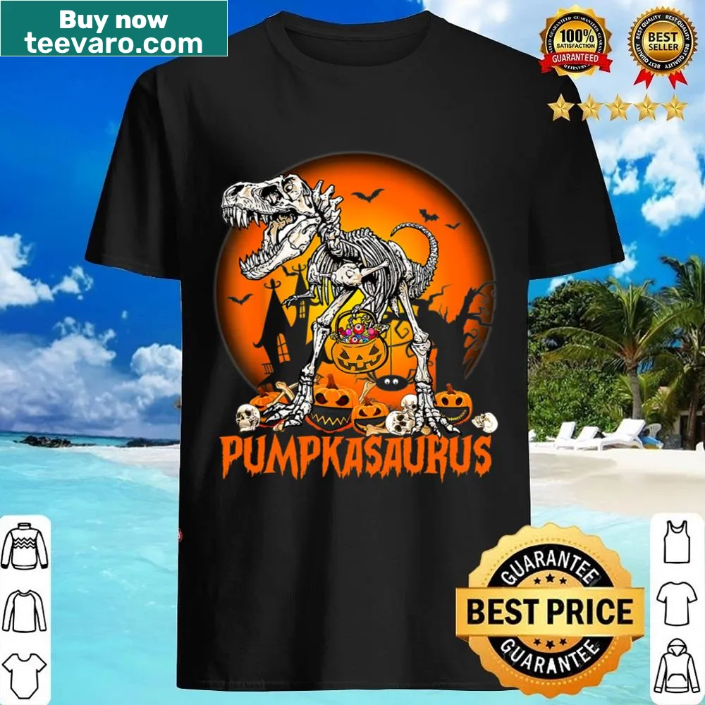 Funny Halloween shirt for kids with a T-Rex mummy and pumpkin design.
