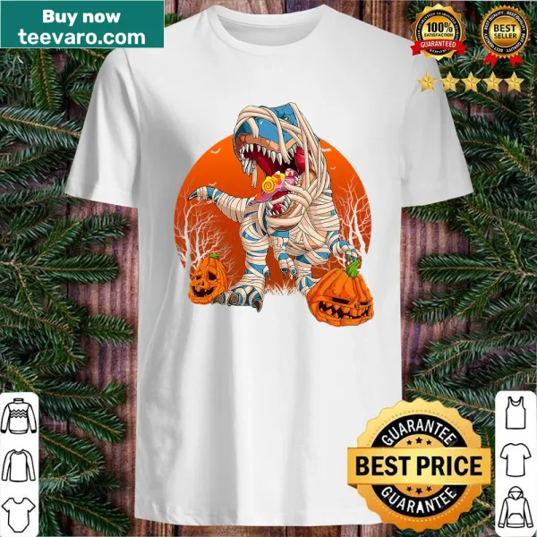 Funny T-Rex dinosaur with pumpkins and Halloween theme for kids shirt
