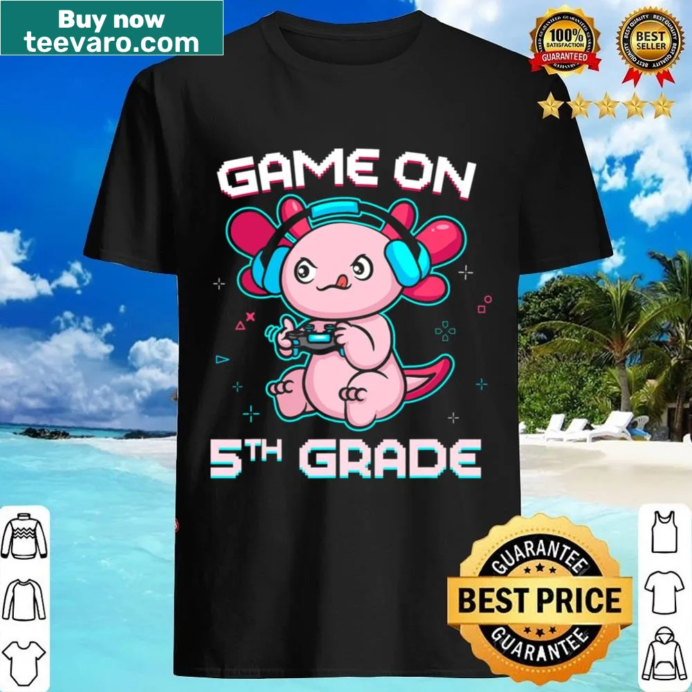 Playful axolotl-themed gaming shirt for fifth-grade kids with gaming elements