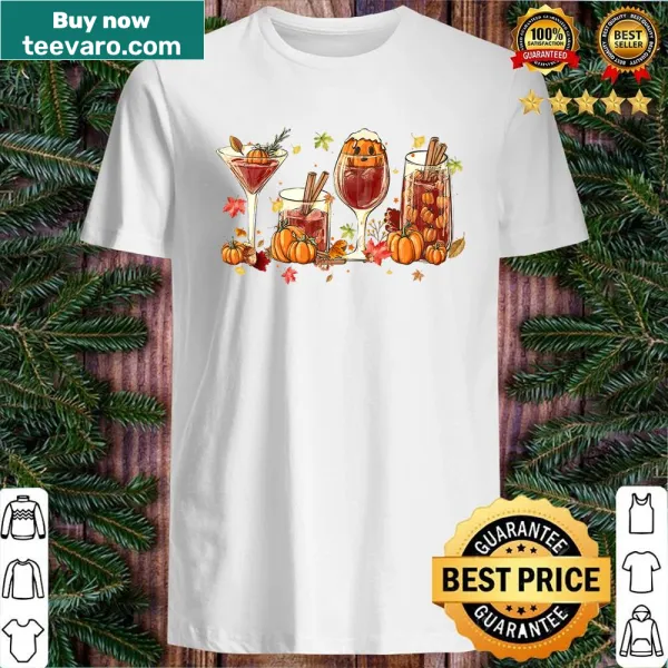Wine and pumpkin spice drinks graphic on shirt for autumn