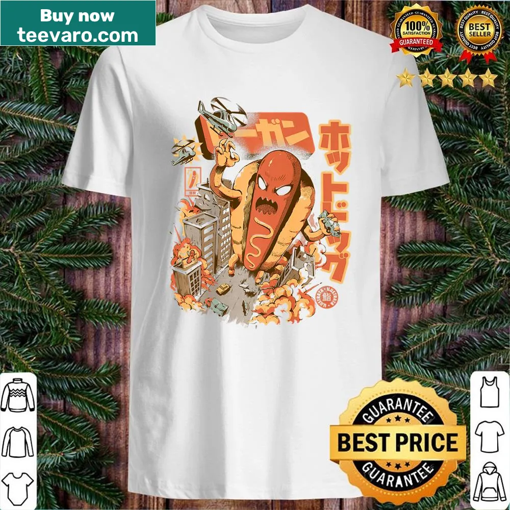 Kawaii hot dog monster graphic on food-themed shirt