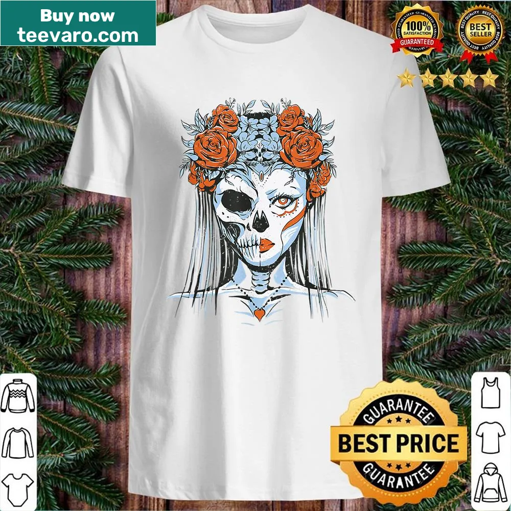 Half skeleton bride graphic on a Halloween shirt for girls