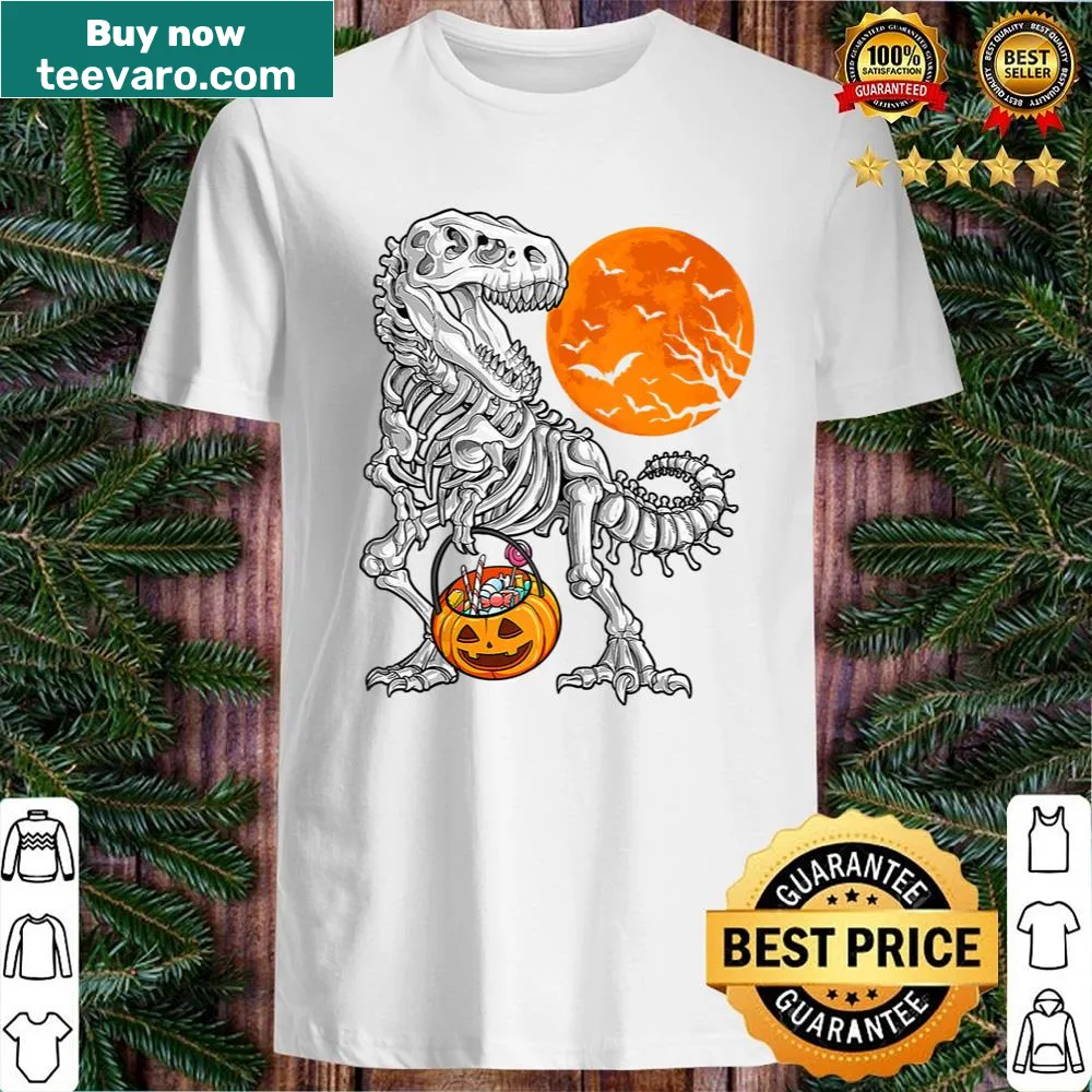 Dinosaur skeleton with pumpkins and moon graphic on Halloween shirt