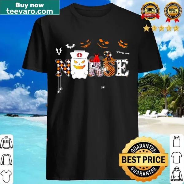Cute Halloween nurse shirt featuring friendly pumpkins and ghosts