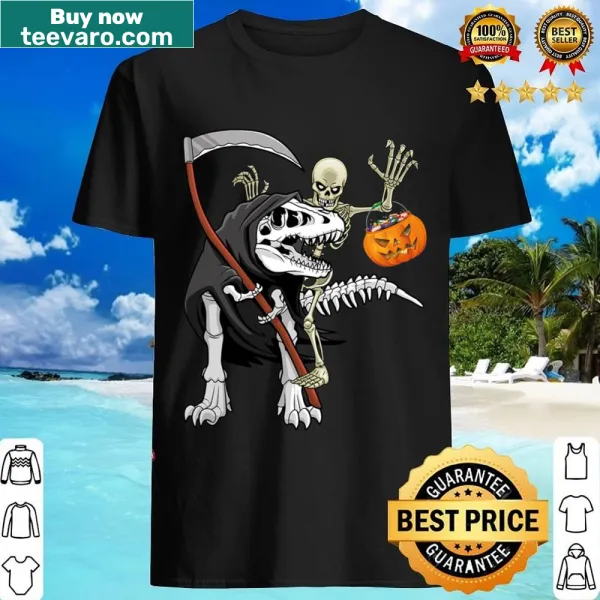 Funny Halloween shirt with skeleton riding a mummy dinosaur