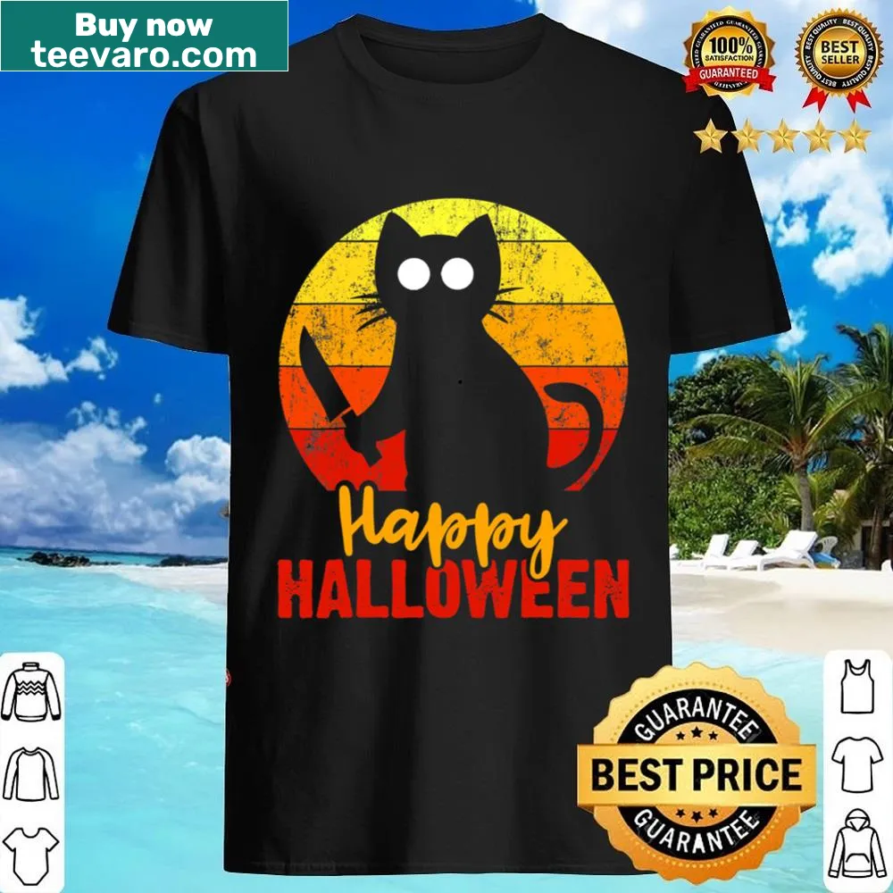 Halloween shirt featuring a black cat with a knife