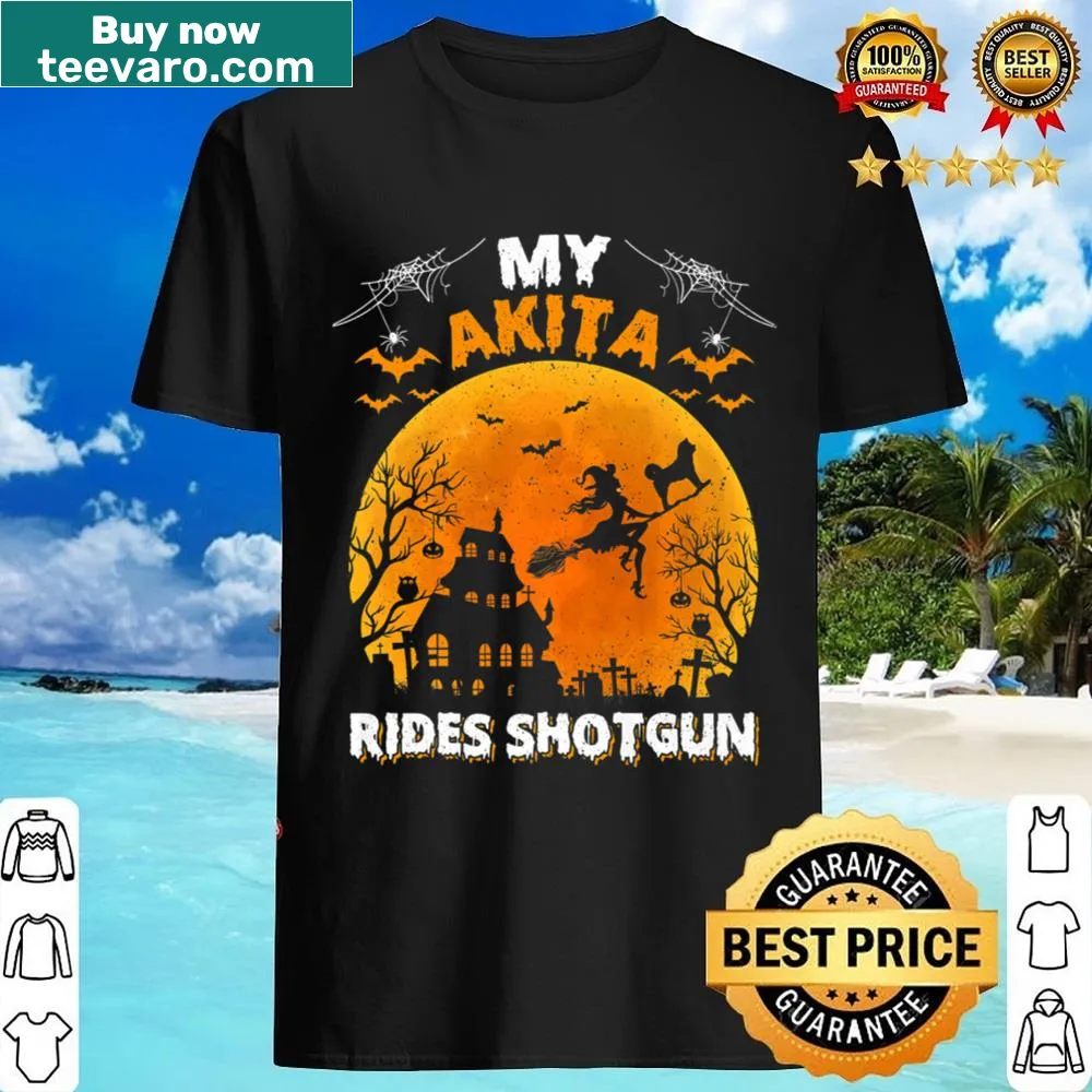 Illustration of an Akita dog riding shotgun on a Halloween t-shirt