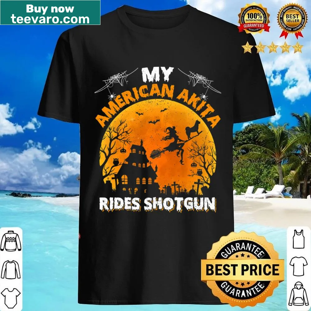 Funny American Akita riding shotgun design for Halloween.