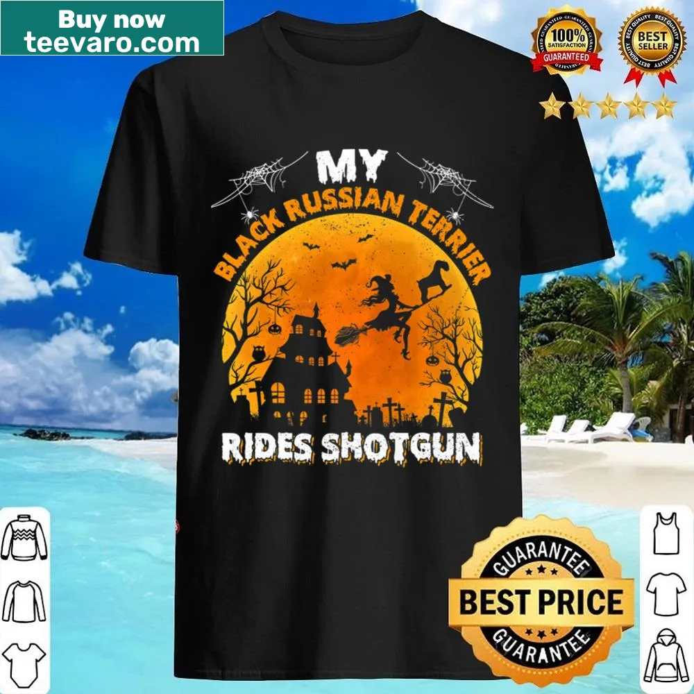 Halloween-themed T-shirt featuring a Black Russian Terrier and 'Ride Shotgun' text