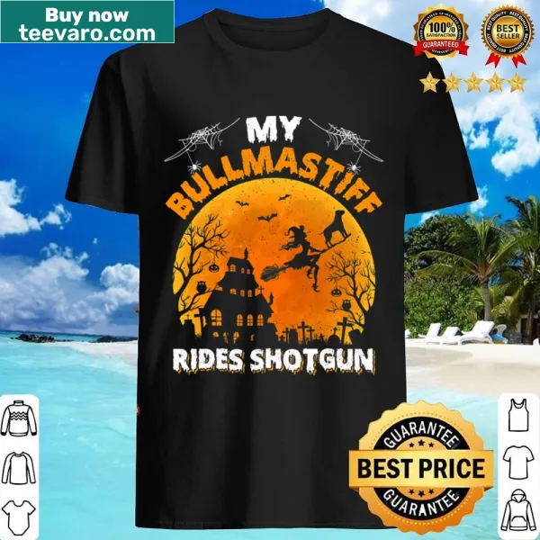 Funny Bullmastiff Halloween T-shirt with 'Ride Shotgun' text