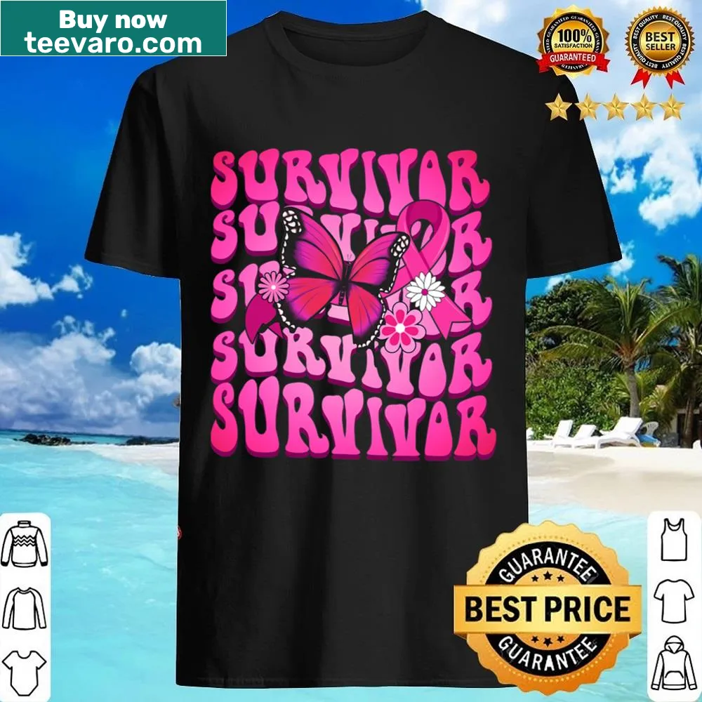 Retro pink ribbon and butterfly graphic for breast cancer awareness