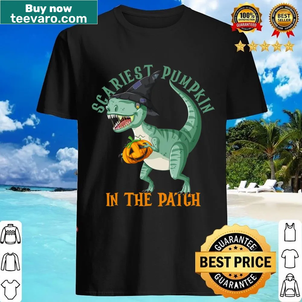 Whimsical Halloween shirt featuring a dinosaur and pumpkin illustration for kids.
