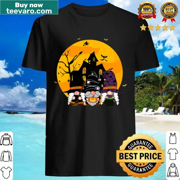 Whimsical Halloween shirt with gnomes and haunted castle design