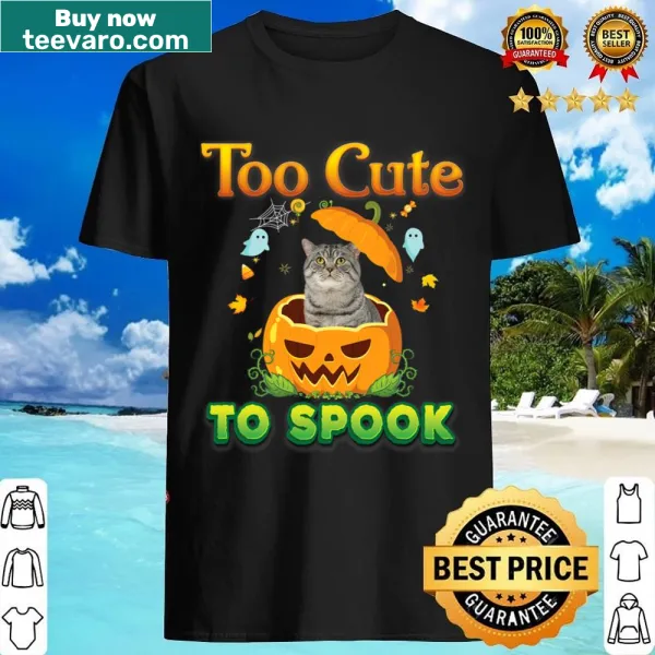 Adorable British Shorthair cat among pumpkins on a Halloween shirt.