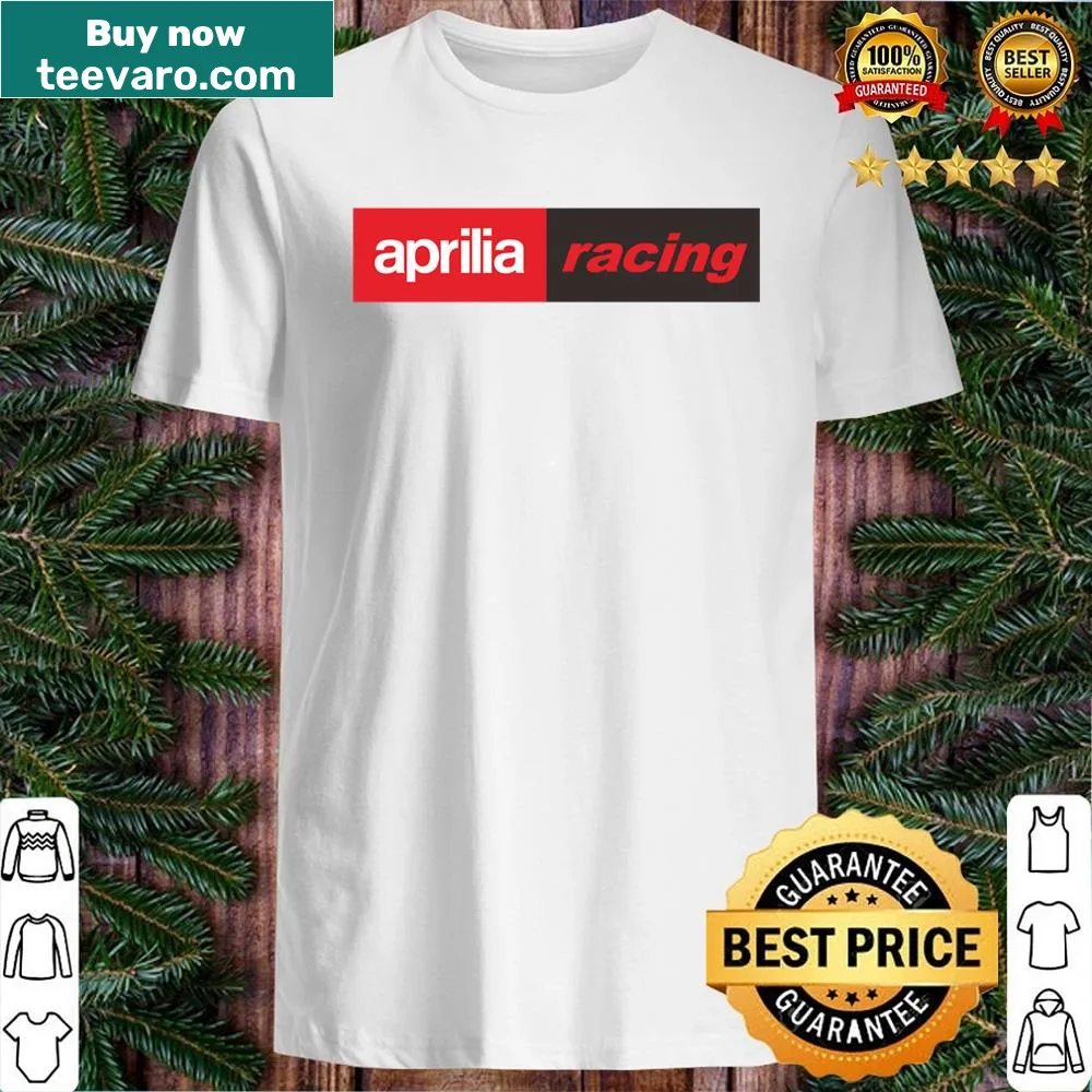 Black shirt with bold text design for Aprilia Racing