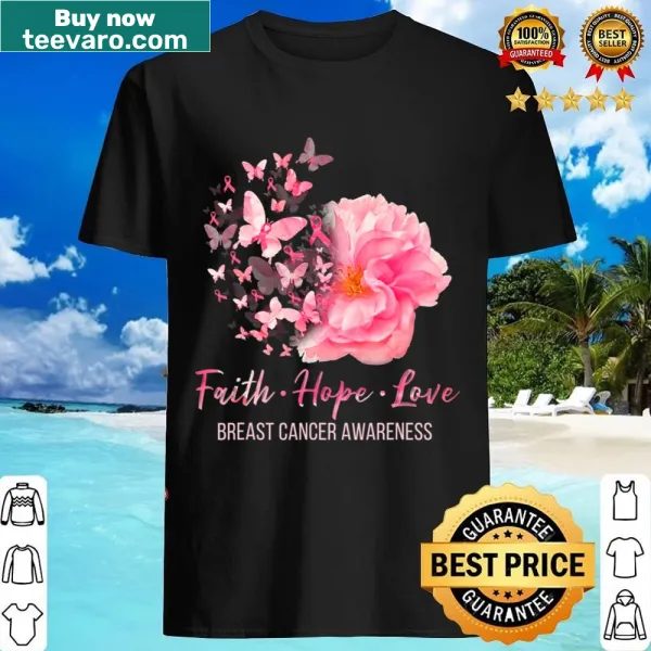 Butterflies and inspiring words for breast cancer awareness on a shirt.