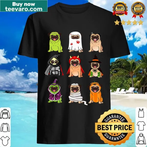Cartoon bulldogs in costumes for Halloween on a cute shirt