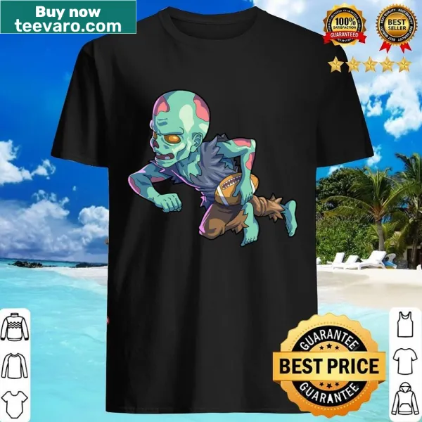 Humorous zombie football graphic on Halloween shirt for men and boys
