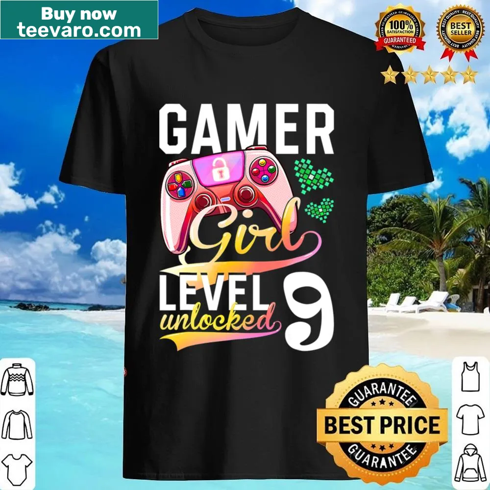 Illustrative Gamer Girl Level 9 shirt for a 9th birthday celebration