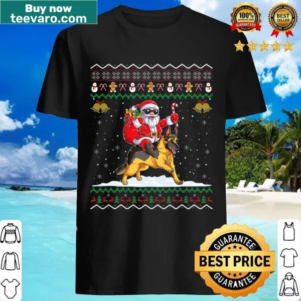 Santa Claus riding a German Shepherd in a festive illustration