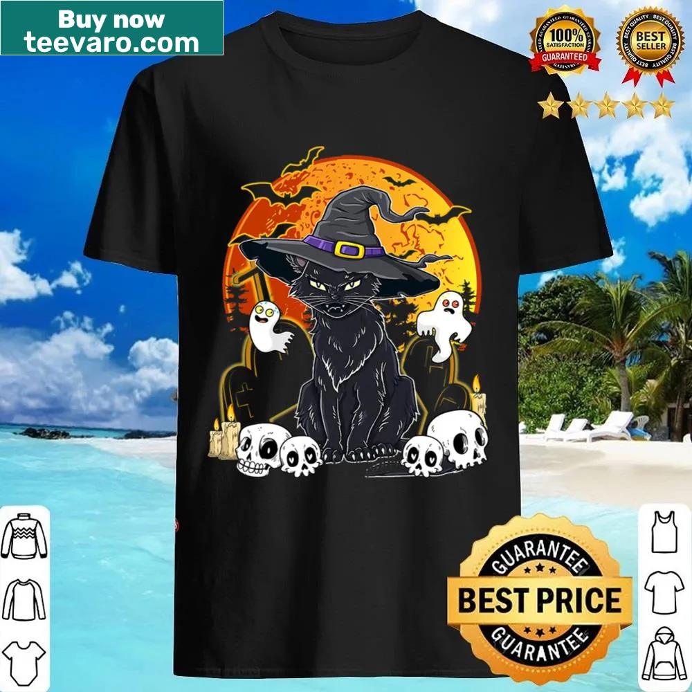 Shirt featuring cartoon cats in witch hats with a Halloween theme.