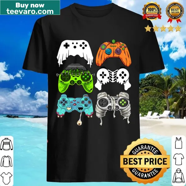 Kids Halloween shirt with skeletons, zombies, and gaming controllers