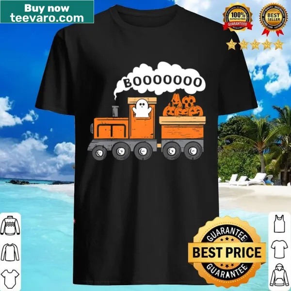 Toddler Halloween shirt featuring a train, ghosts, and pumpkins