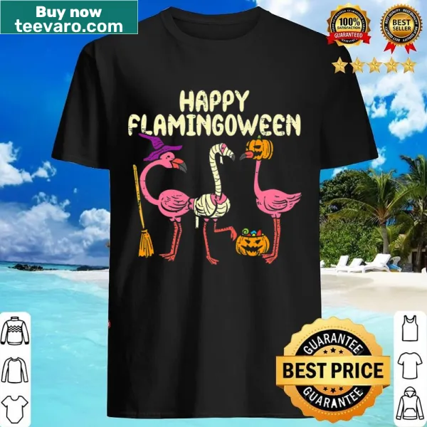 Cute flamingo graphic with Halloween elements on shirt