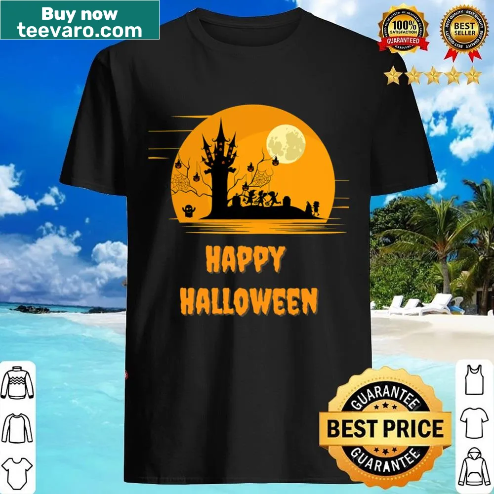 Whimsical Halloween shirt that says 'Happy Halloween Trick Or Treat'.