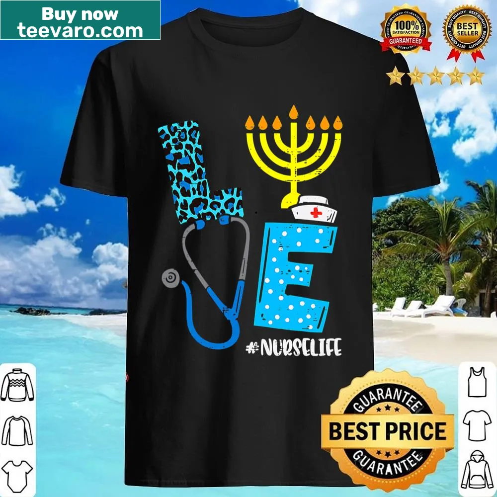 Cute Hanukkah-themed t-shirt for nurses with holiday symbols.