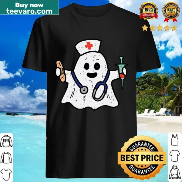 Whimsical ghost in scrubs graphic on nurse Halloween shirt