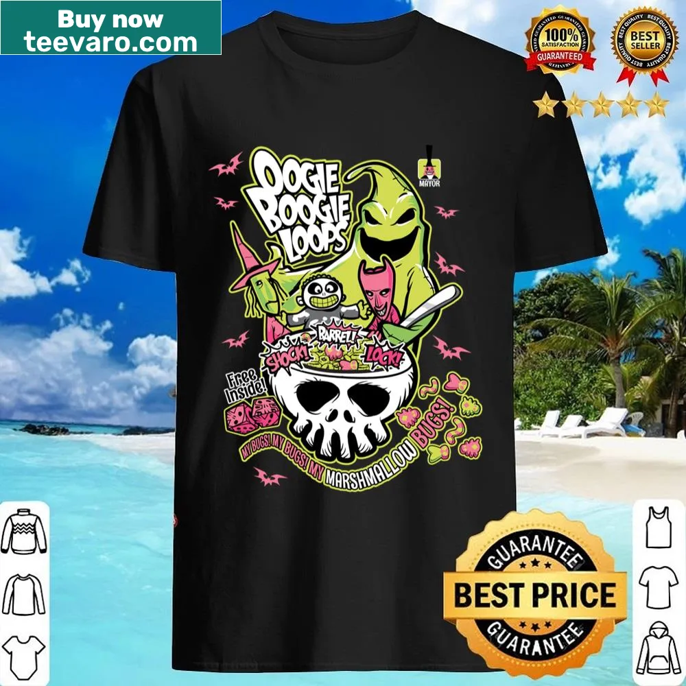 Cartoon style shirt featuring Oogie Boogie and looping designs.