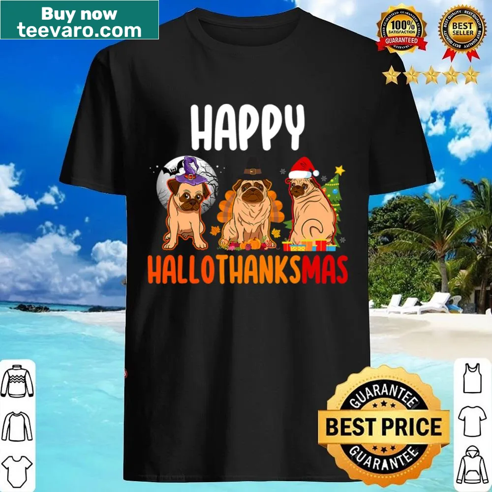Cute cartoon shirt combining Halloween and Christmas themes for pug lovers.