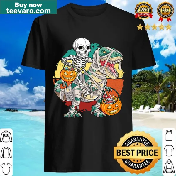 Skeleton riding a dinosaur with mummy and pumpkin graphics