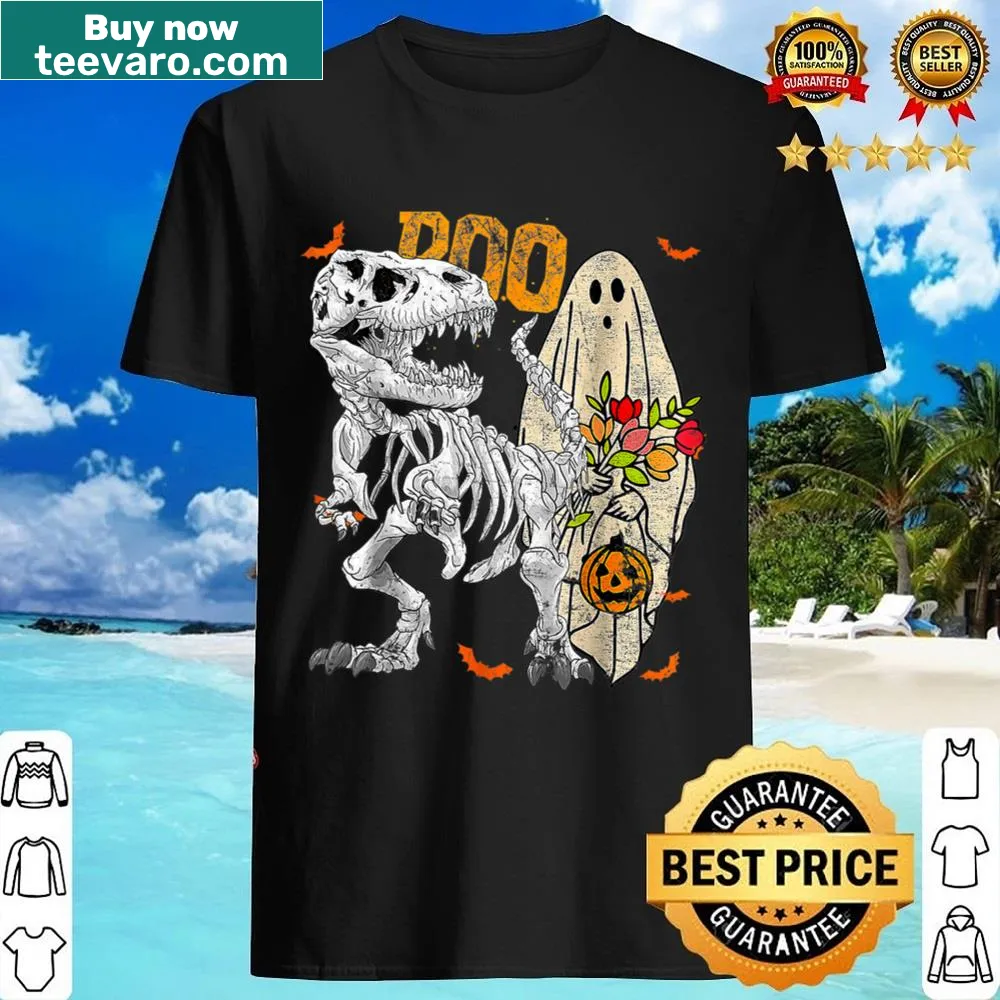 Funny T-shirt with a dinosaur in a ghost costume for Halloween