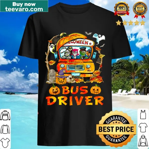 Halloween shirt featuring a skeleton bus driver with pumpkins