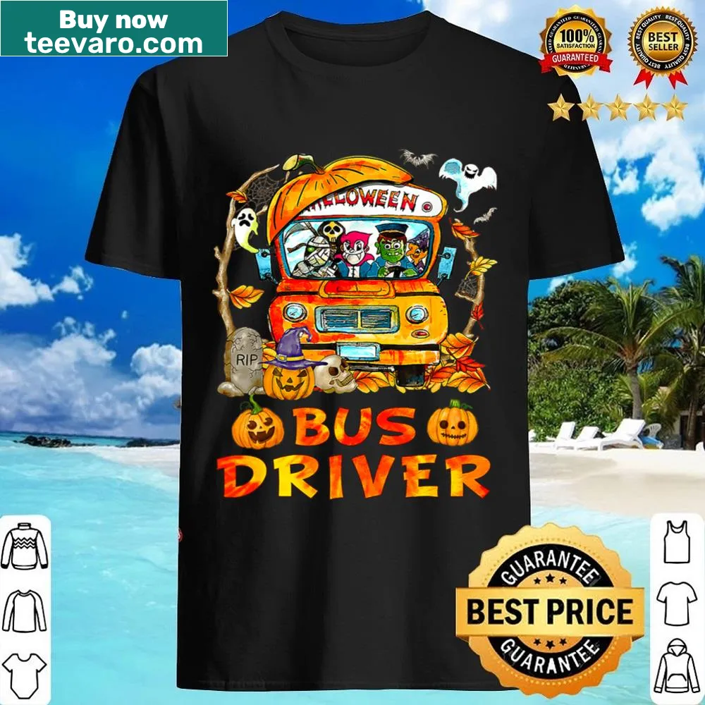 Halloween shirt featuring a skeleton bus driver with pumpkins