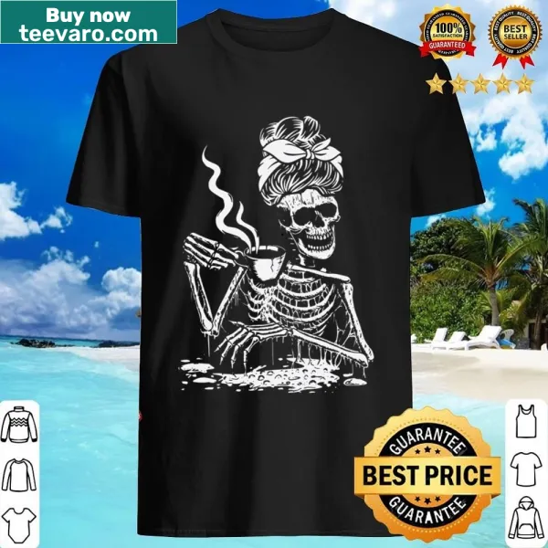 Skeleton design shirt with a messy bun and coffee theme.
