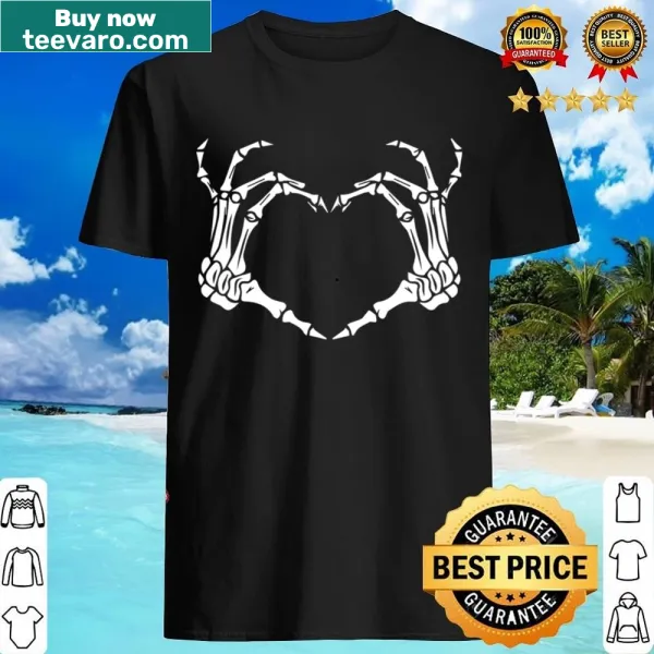Shirt with a skeleton hand forming a heart sign.