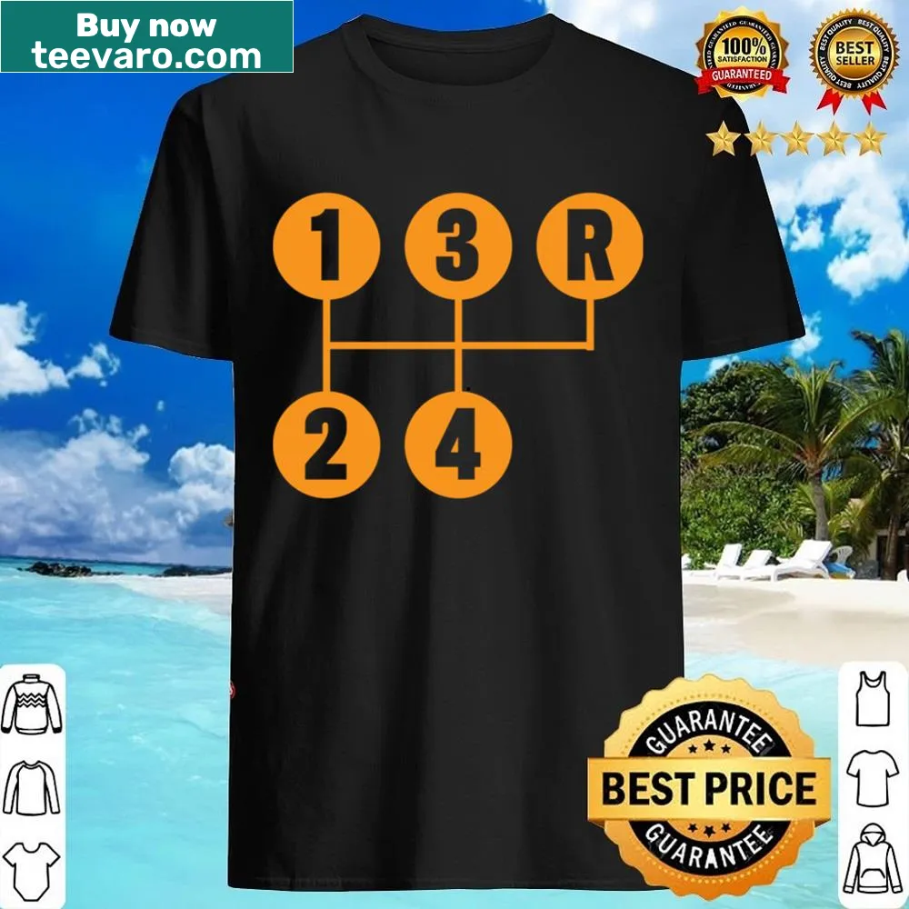 Bold gear shift design on a race car shirt