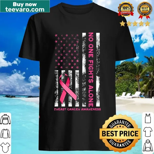 USA flag and pink ribbon illustration on a breast cancer awareness shirt