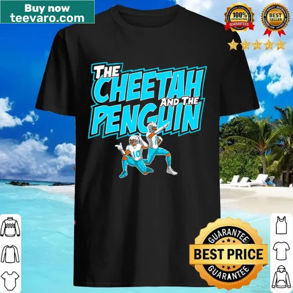 Shirt featuring a playful illustration of a cheetah and a penguin
